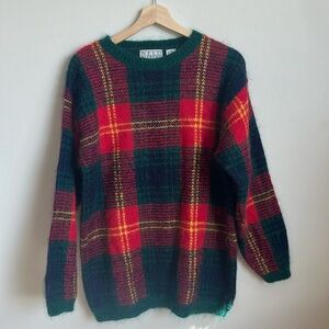 90’s Nell Flowers J.G. Hook Plaid Green Red Mohair Pullover Sweater